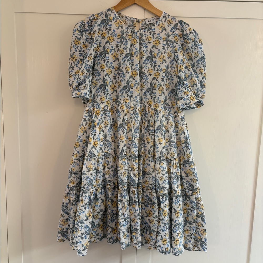 En Saison White Floral Dress with Blue and Yellow Accents